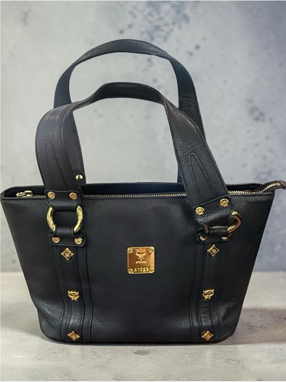 MCM Black Leather Tote with Gold Hardware